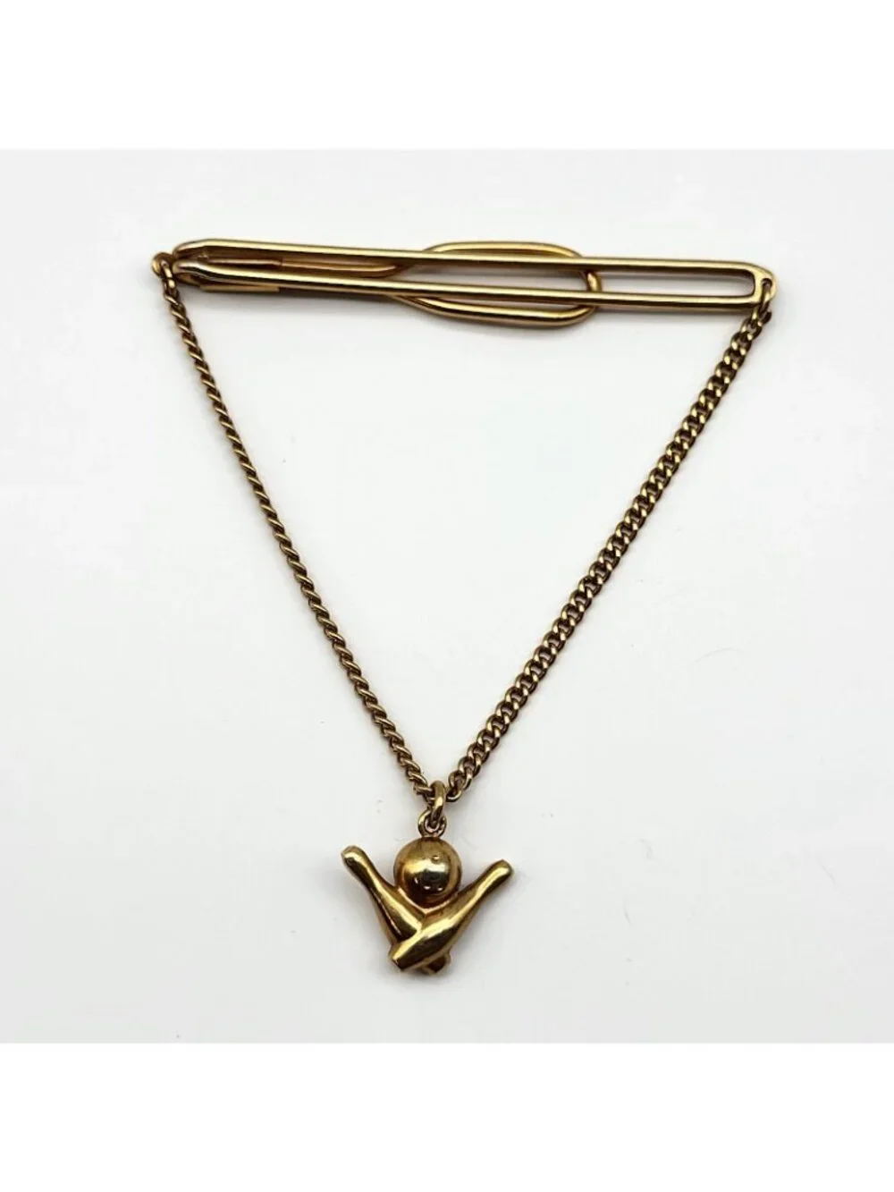 Swank Bowling Ball & Pins Tie Clip Bar With Chain Vintage MCM gold plated